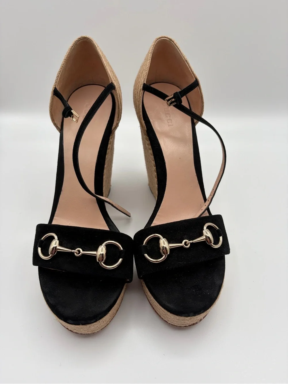 Gucci Horsebit Kid Suede Espadrille Wedge Sandals Black Size 40 - Picture 8 of 9